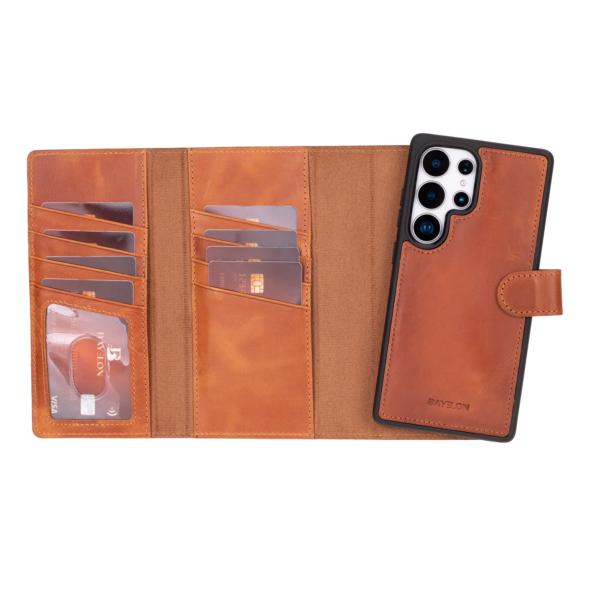 Bayelon Bayelon Tri-Fold Leather Wallet Case for Galaxy S25 Ultra - RFID Vintage Brown