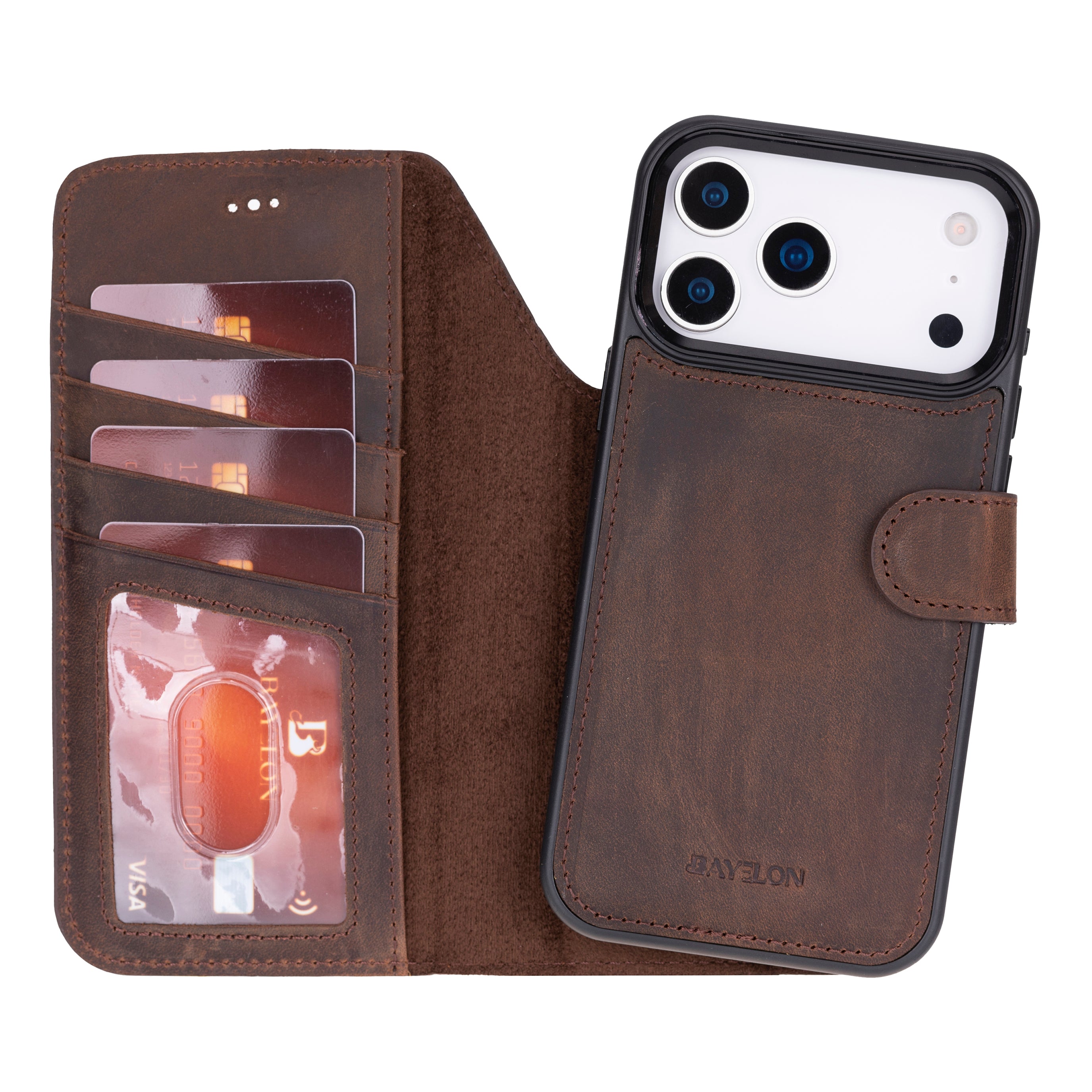 Bayelon iPhone 17 Pro Detachable Wallet Case Dark Brown