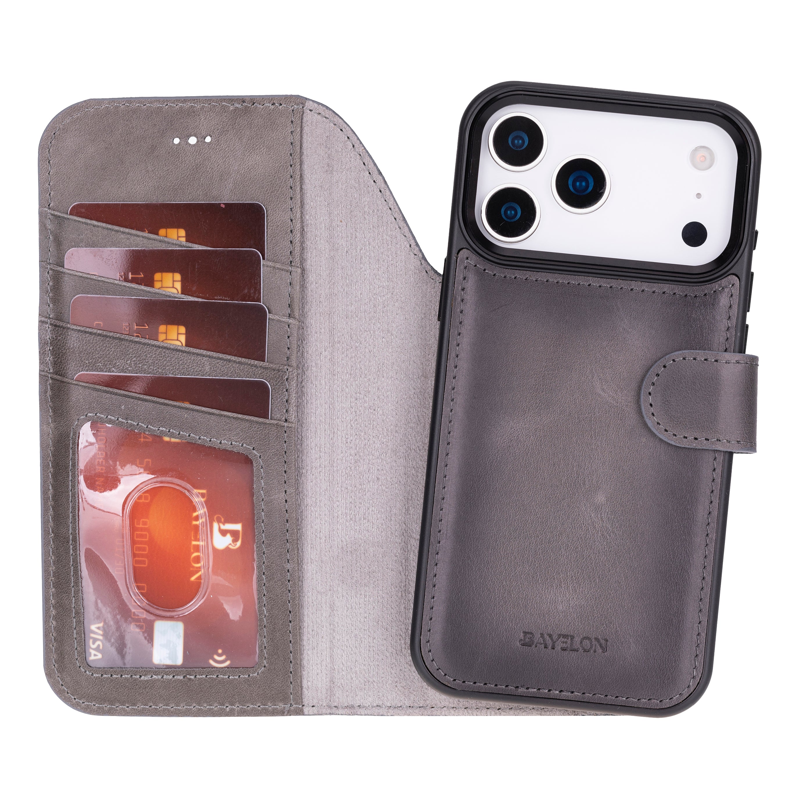 Bayelon iPhone 17 Pro Detachable Wallet Case Smoked Black