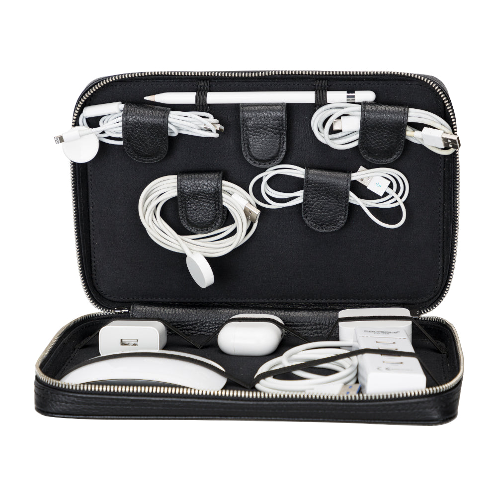 Bayelon Genuine Leather Travel Cable Organizer Pebble Black