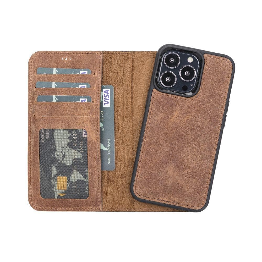 Bayelon Detachable Leather Wallet Case for iPhone 13 Series Saddle Brown