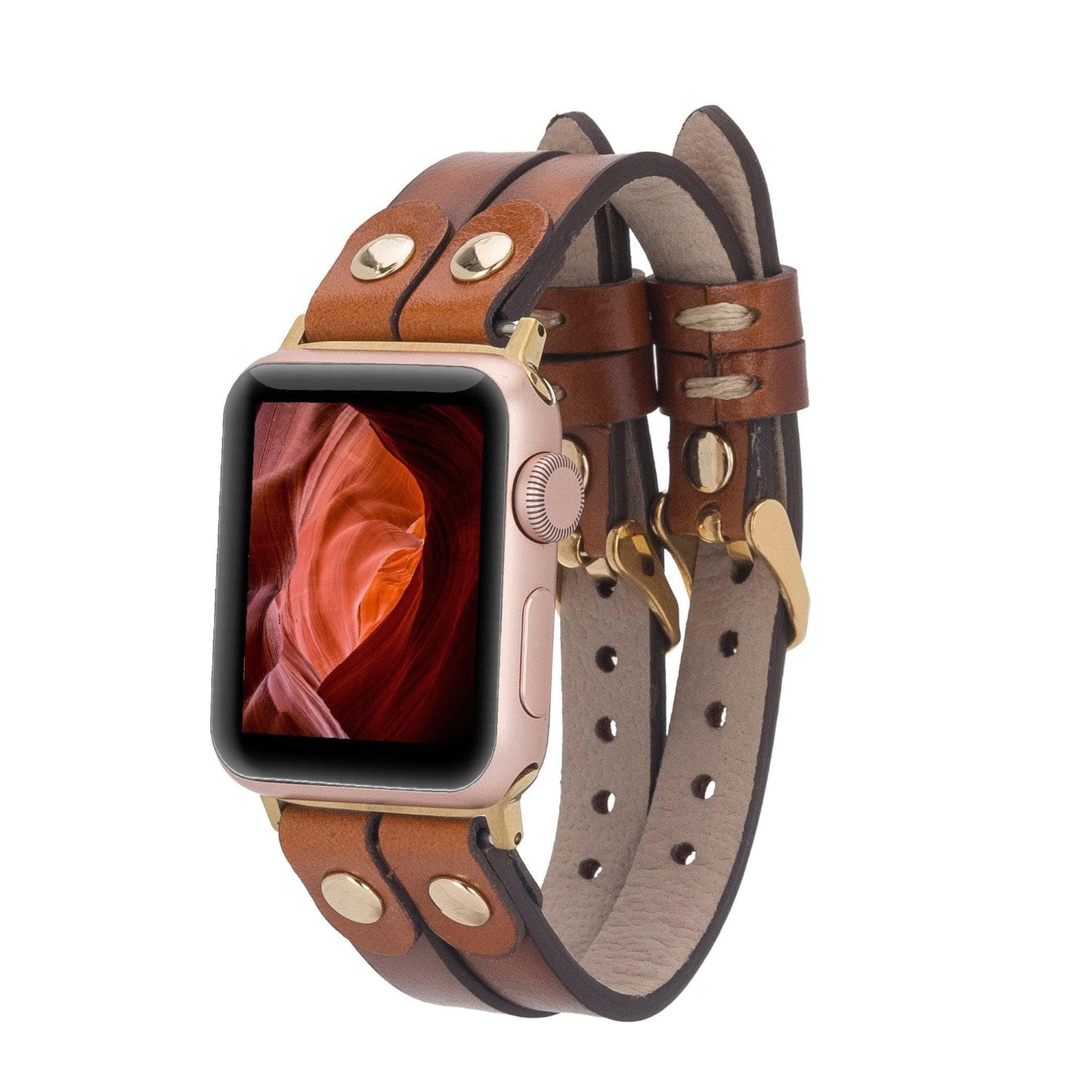 UnBranded Durham Ely Leather Apple Watch Double Band Tan Gold