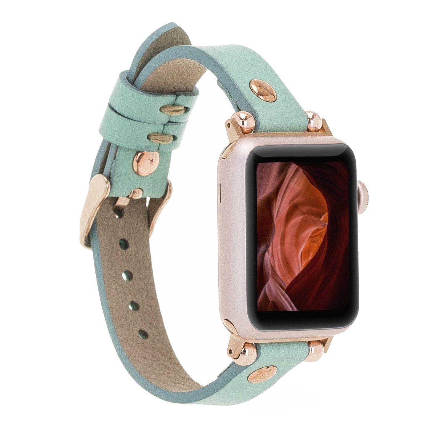 UnBranded Ferro Rose Gold Trok Style Leather Apple Watch Band Medium Aquamarine 40 41 42mm