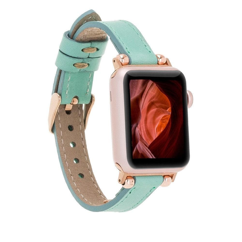 Bayelon Ferro Rose Gold Trok Style Leather Fitbit Watch Band Medium Aquamarine