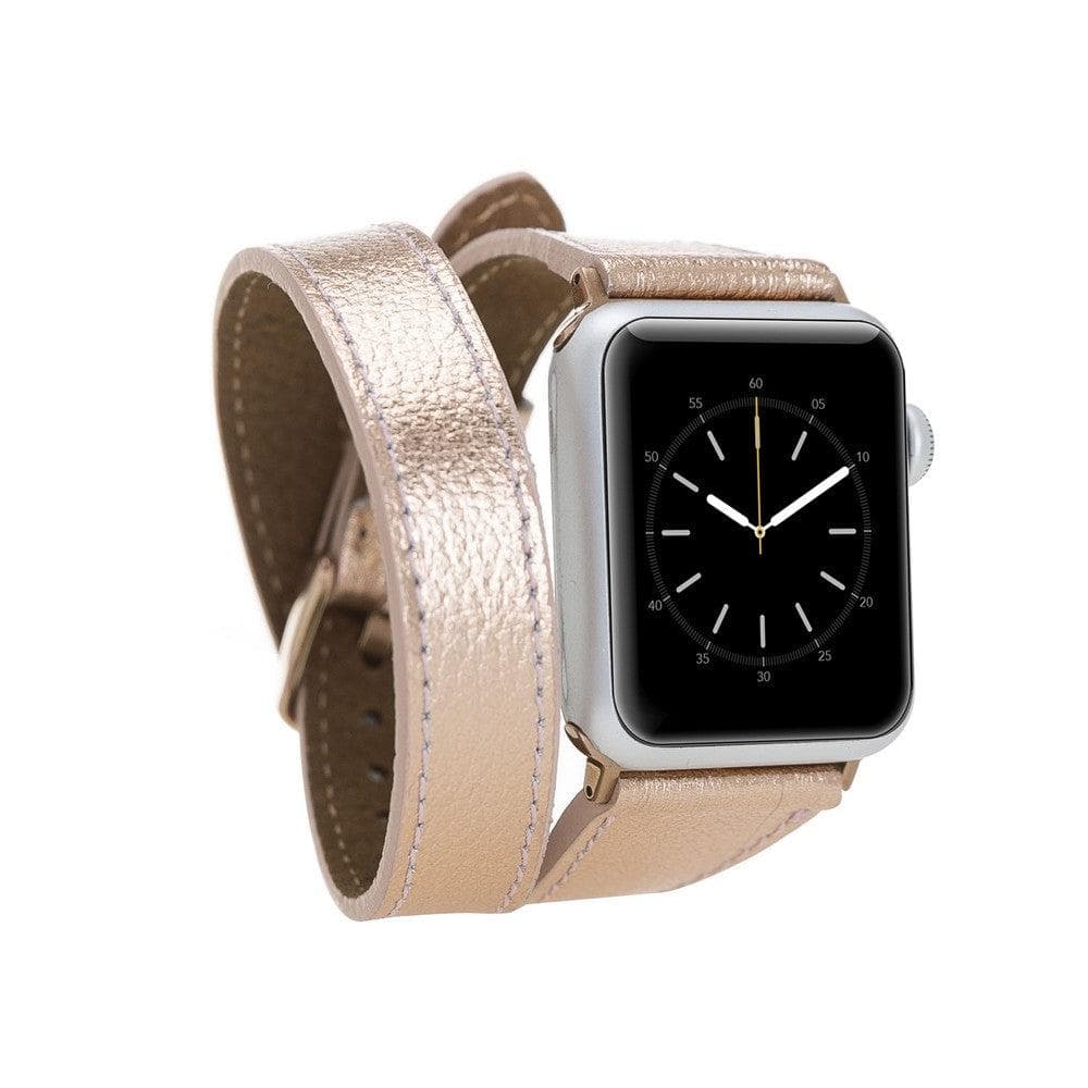 Bayelon Quantum Slim Double Tour Leather Band for Apple Watch Gold