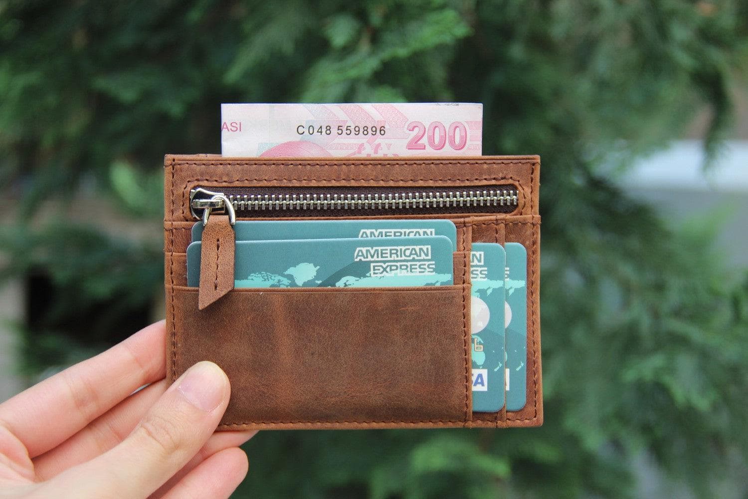 Bayelon Slim Zip Leather Card Holder with Coin Pocket