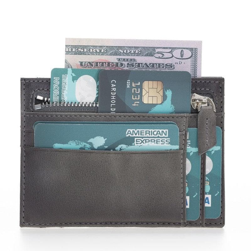 Bayelon Slim Zip Leather Card Holder with Coin Pocket Sandy Gray