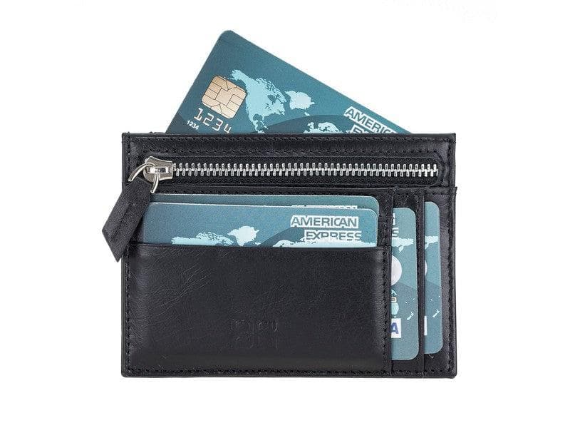 Bayelon Slim Zip Leather Card Holder with Coin Pocket Black