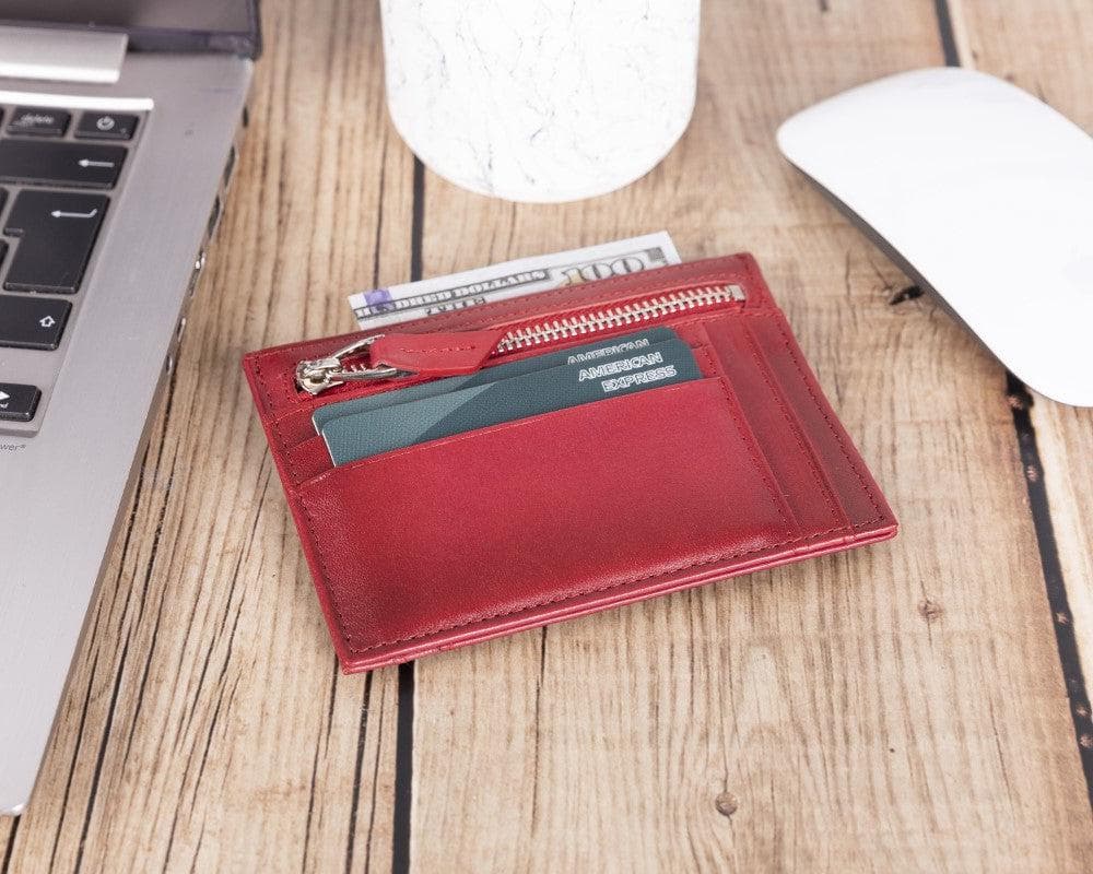 Bayelon Slim Zip Leather Card Holder with Coin Pocket Red