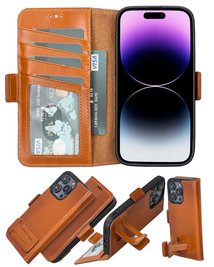 iPhone 14 Pro Leather Flip Cover Wallet Case with Kickstand by Bayelon