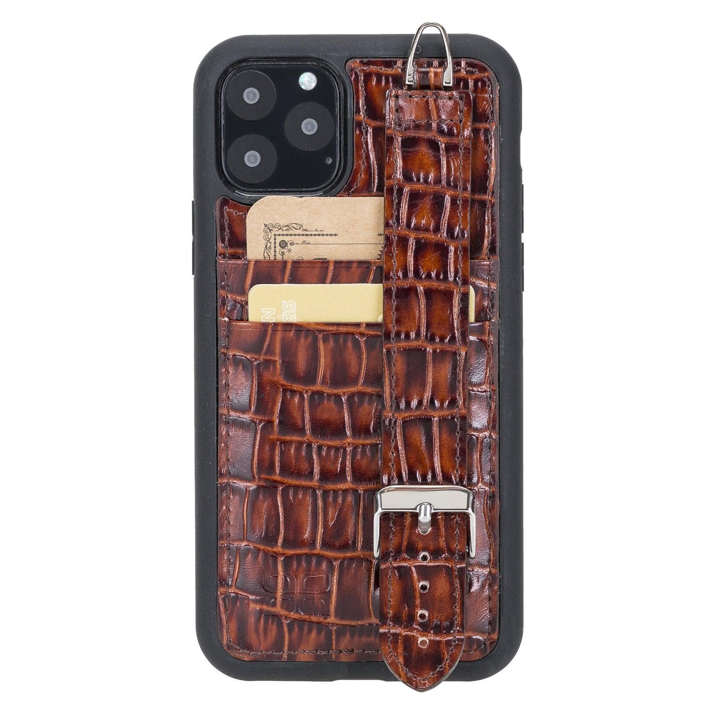 Bouletta Flex Cover Leather iPhone 11 Pro Max Case with Card Holder & Hand Strap Crocodile Brown