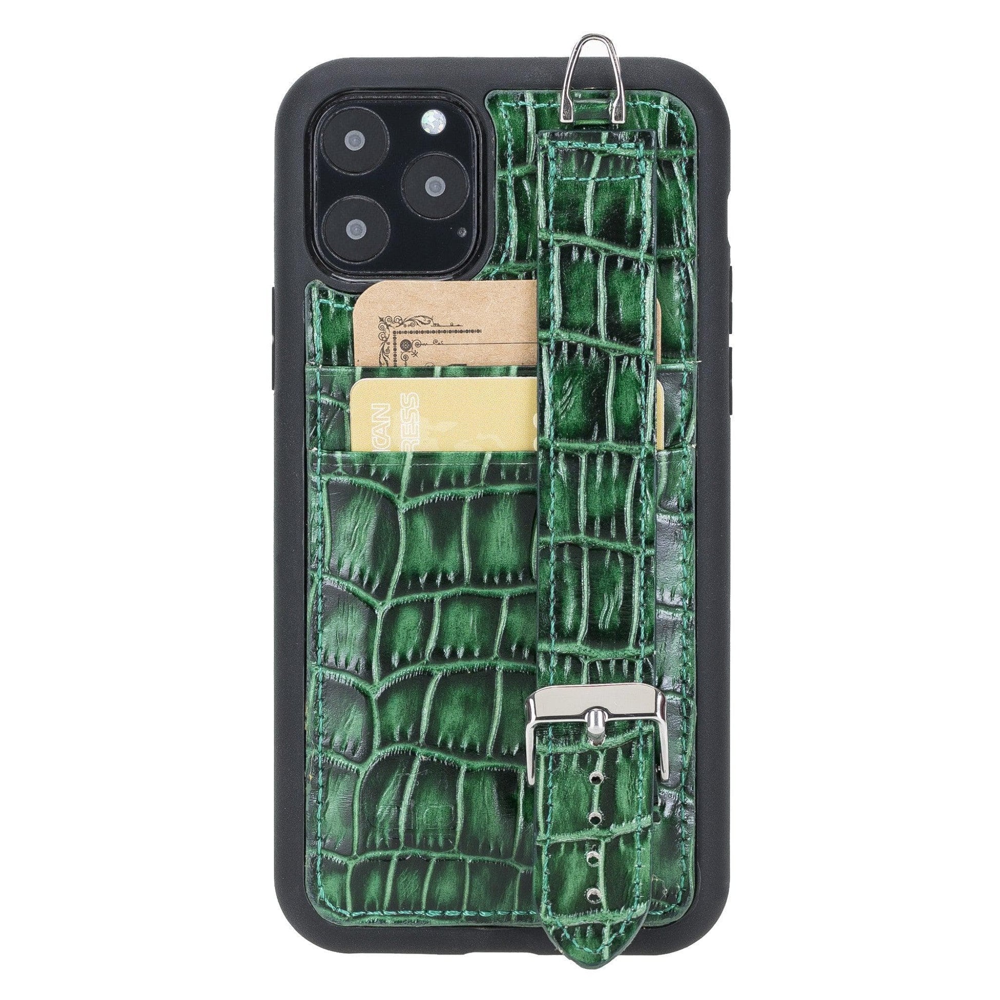 Bouletta Flex Cover Leather iPhone 11 Pro Max Case with Card Holder & Hand Strap Crocodile Green