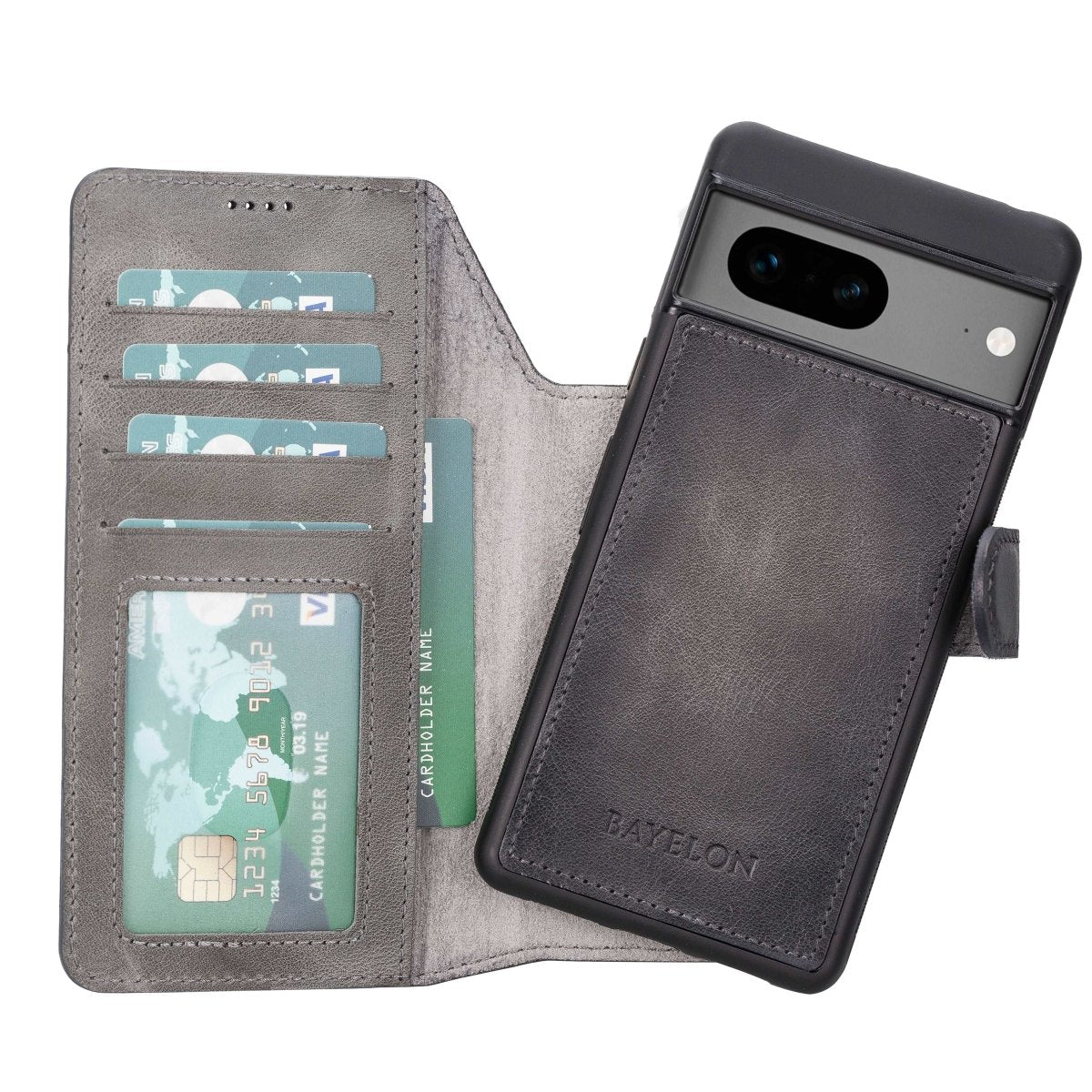 Bayelon Google Pixel 7 Detachable Leather Wallet Case #color_ Smoked Black