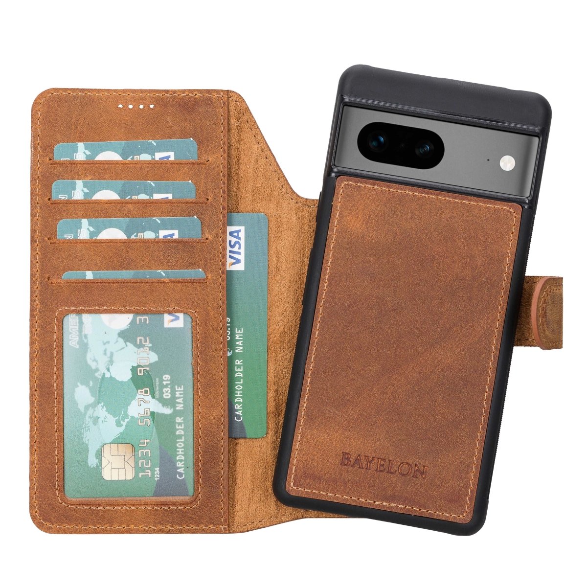 Bayelon Google Pixel 7 Detachable Leather Wallet Case #color_ Antique Camel