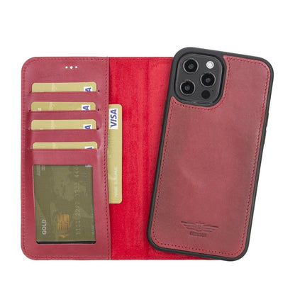 Bayelon iPhone 12 / 12 Pro 6.1" Leather Detachable Magnetic Wallet Case #color_ Burnished Red