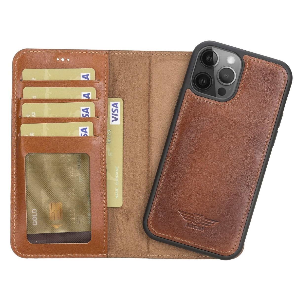 Bayelon iPhone 12 / 12 Pro 6.1" Leather Detachable Magnetic Wallet Case #color_ Rustic Tan