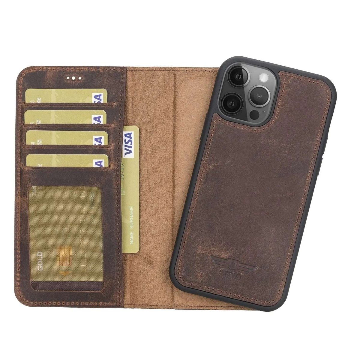 Bayelon iPhone 12 / 12 Pro 6.1" Leather Detachable Magnetic Wallet Case #color_ Antique Brown