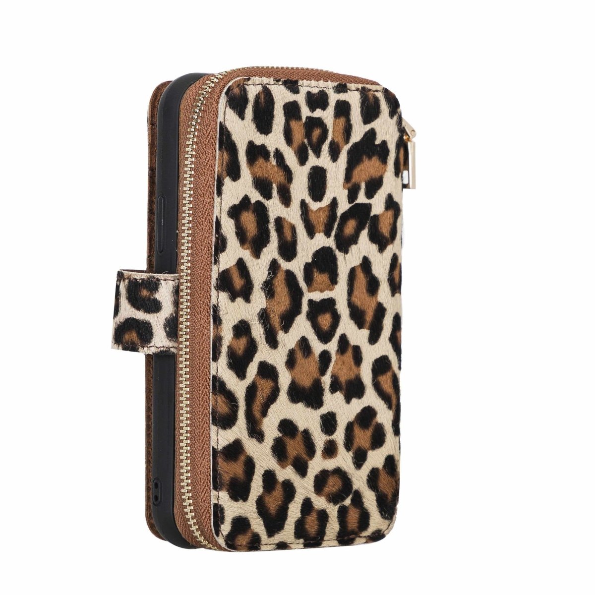 Bayelon iPhone 12-12 Pro Zipper Full Grain Leather Wallet Case Purse with Holster #color_ Leopard