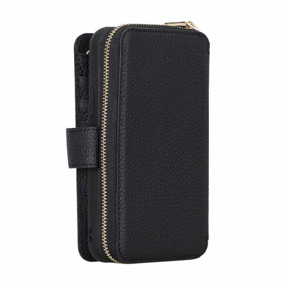 Bayelon iPhone 12-12 Pro Zipper Full Grain Leather Wallet Case Purse with Holster #color_ Floater Black