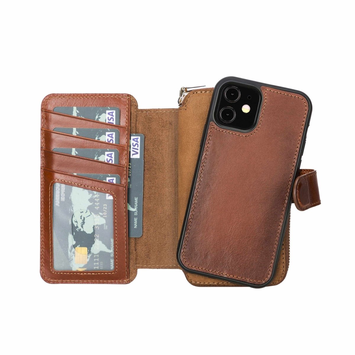 Bayelon iPhone 12-12 Pro Zipper Full Grain Leather Wallet Case Purse with Holster #color_