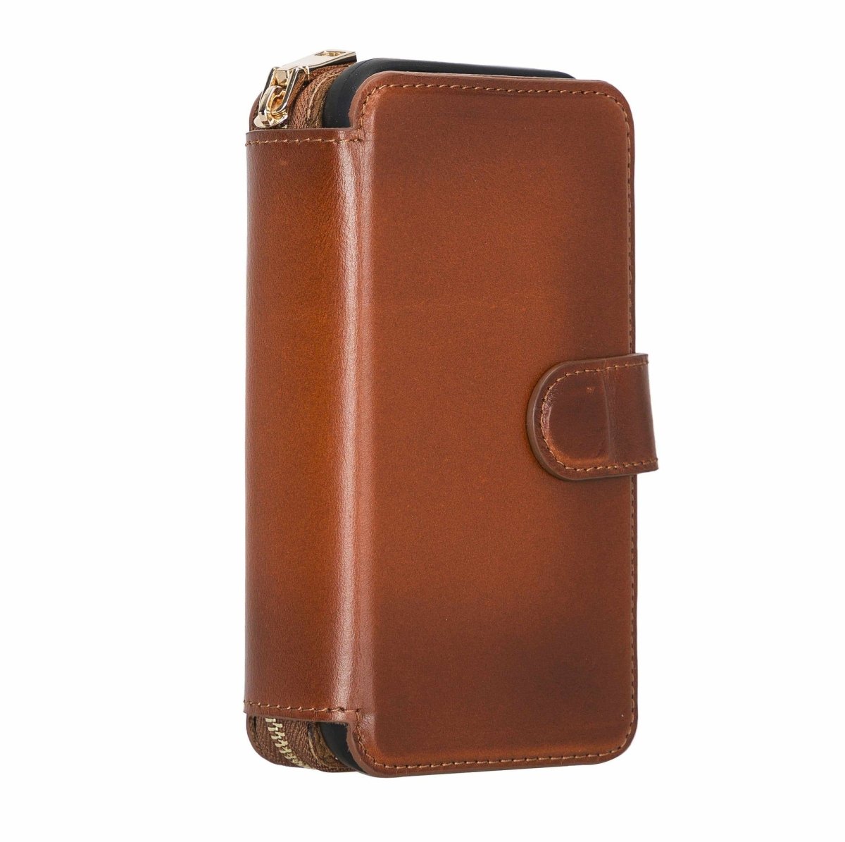 Bayelon iPhone 12-12 Pro Zipper Full Grain Leather Wallet Case Purse with Holster #color_