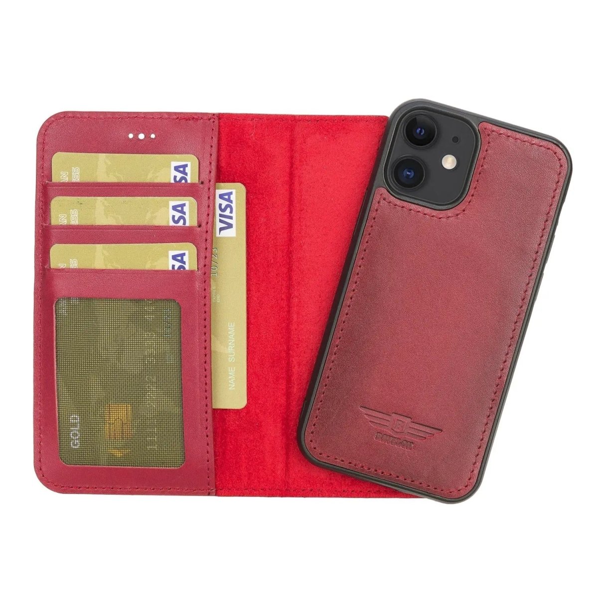 Bayelon iPhone 12 Mini 5.4" Leather Magnetic Detachable Wallet Case #color_ Burnished Red