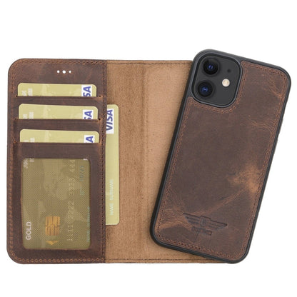 Bayelon iPhone 12 Mini 5.4" Leather Magnetic Detachable Wallet Case #color_ Antique Brown