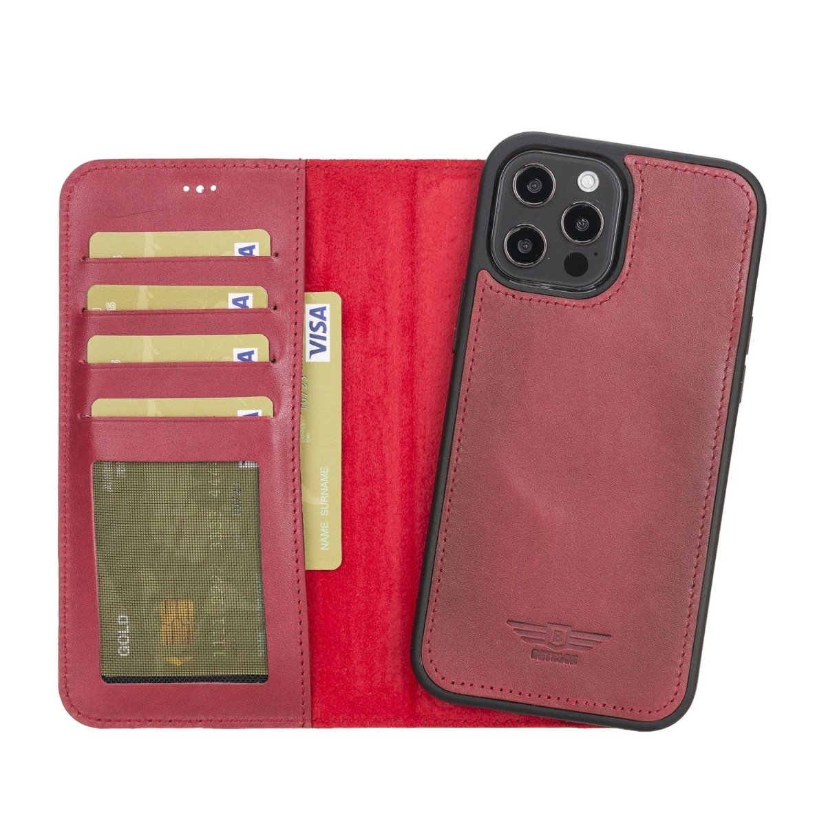 Bayelon iPhone 12 Pro Max 6.7" Leather Detachable Magnetic Wallet Case #color_ Burnished Red