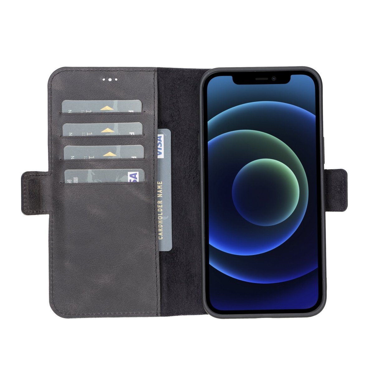 Bayelon iPhone 12 Pro Max Leather Wallet Case #color_ Carbon Black