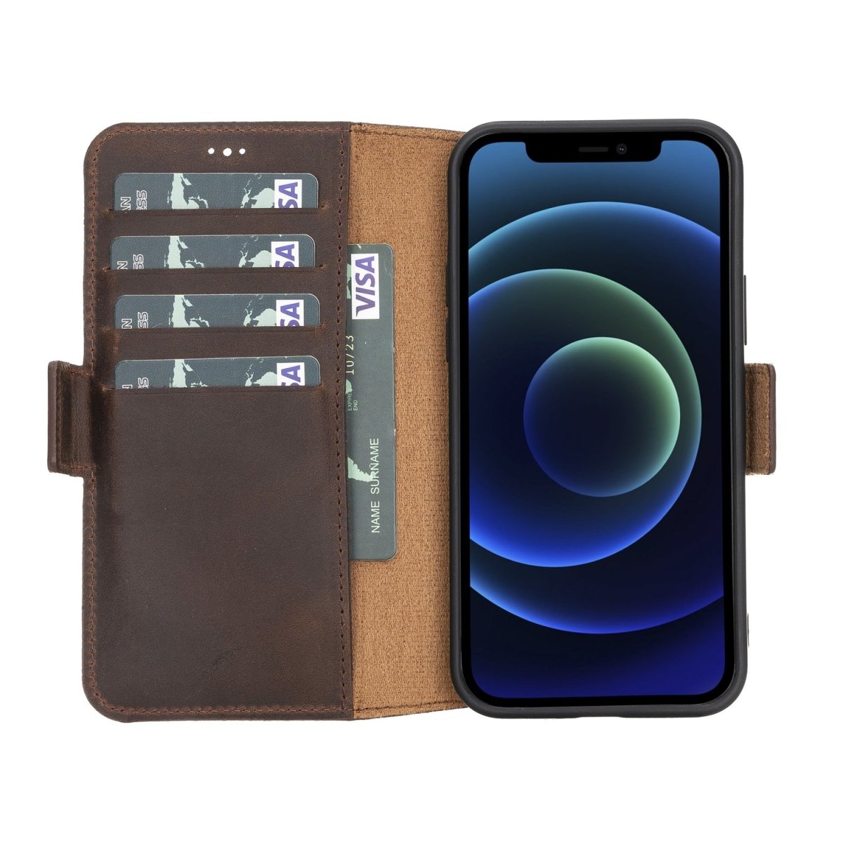 Bayelon iPhone 12 Pro Max Leather Wallet Case #color_ Antique Dark Brown