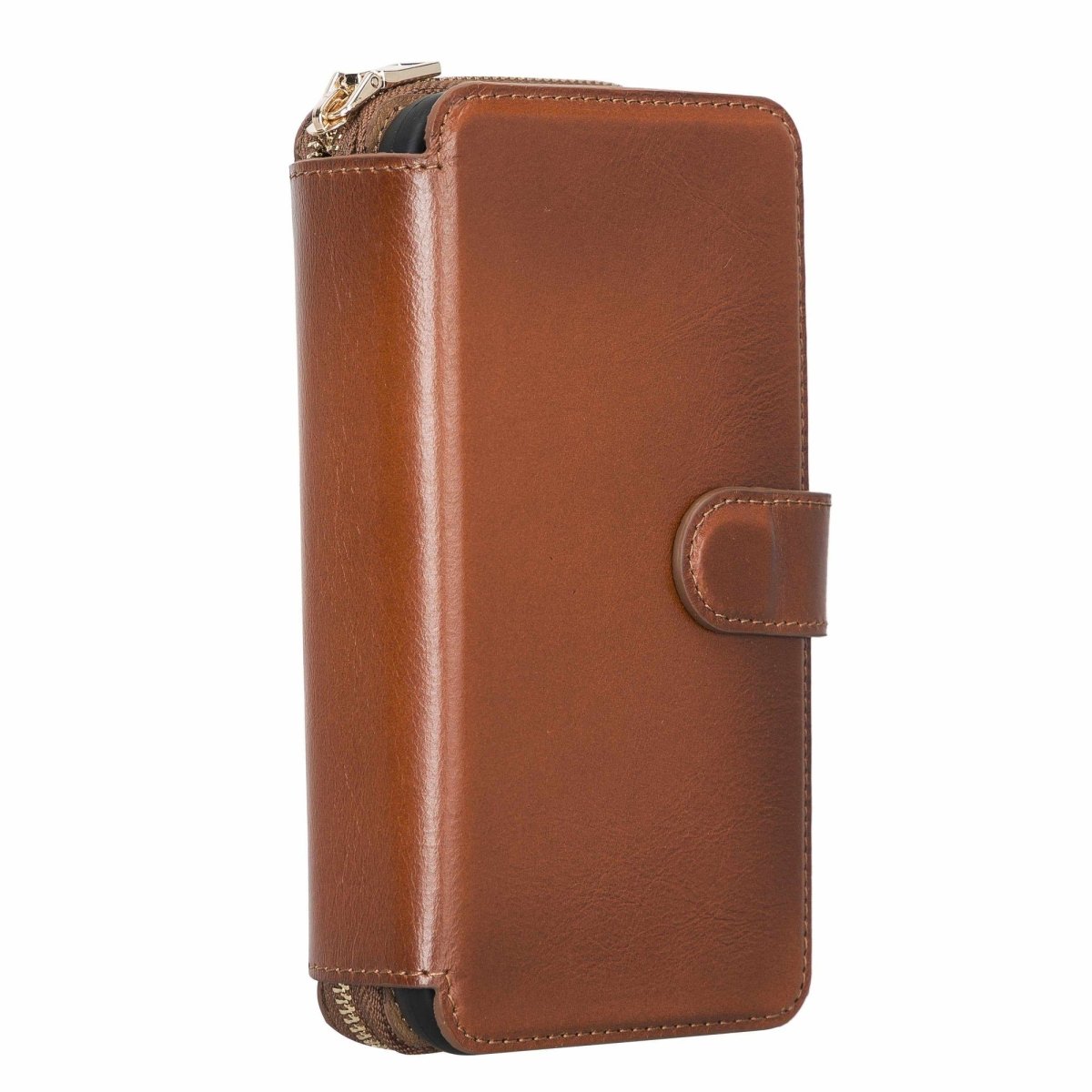 Bayelon iPhone 12 Pro Max Zipper Leather Wallet Case Purse with Holster #color_ Rustic Tan