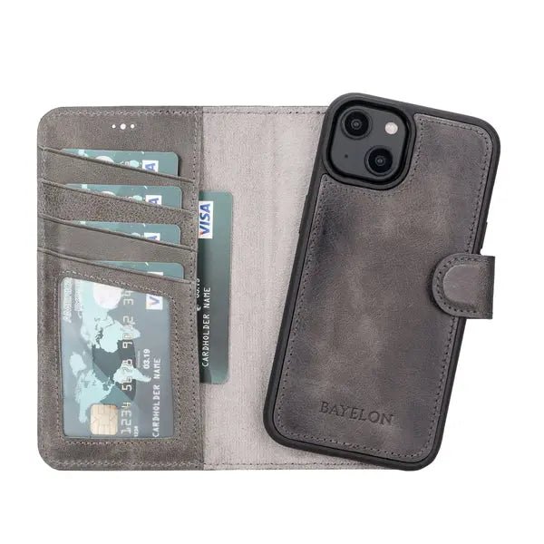 Bayelon iPhone 14 Plus Detachable Leather Wallet Case with Kickstand #color_ Smoked Black