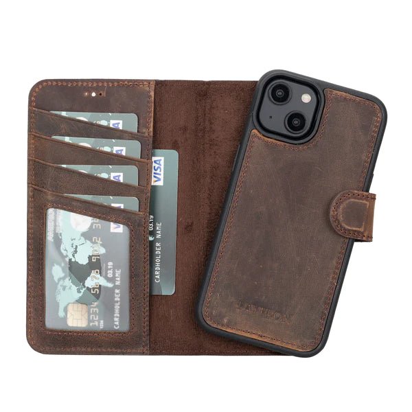 Bayelon iPhone 14 Plus Detachable Leather Wallet Case with Kickstand #color_ Dark Brown