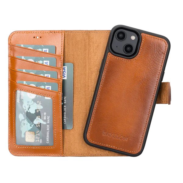 Bayelon iPhone 14 Plus Detachable Leather Wallet Case with Kickstand #color_ Rustic Tan