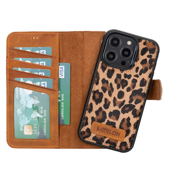 Bayelon iPhone 14 Pro Max Detachable Leather Wallet Case with Kickstand #color_ Leopard Pattern