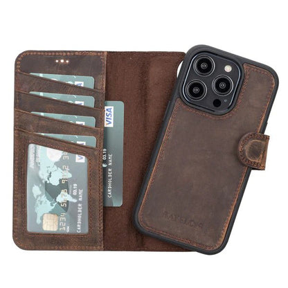 Bayelon iPhone 14 Pro Max Detachable Leather Wallet Case with Kickstand #color_ Dark Brown