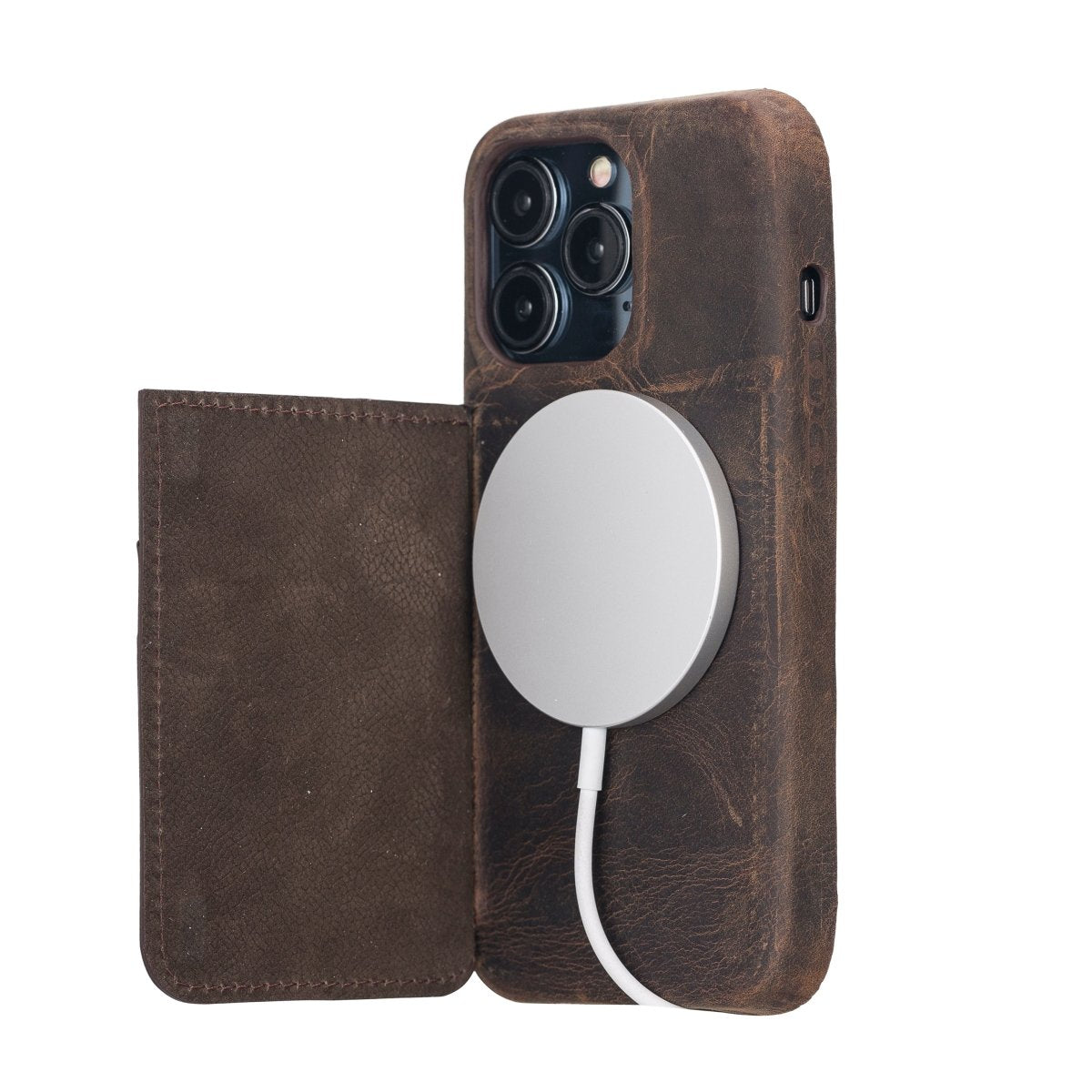 Bayelon iPhone 13 Leather Case with Card Holder #color_ iPhone 13 Pro Dark Brown