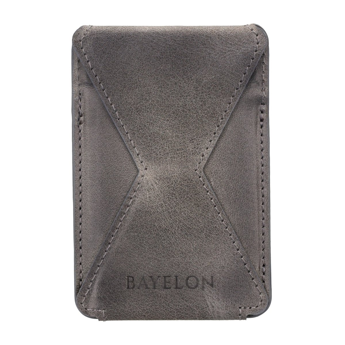 Bayelon Leather Magnetic Card Holder for iPhone 14, 13 and 12 Models with Kickstand #color_ Smoked Black