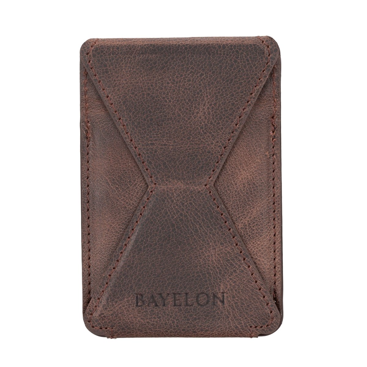 Bayelon Leather Magnetic Card Holder for iPhone 14, 13 and 12 Models with Kickstand #color_ Dark Brown