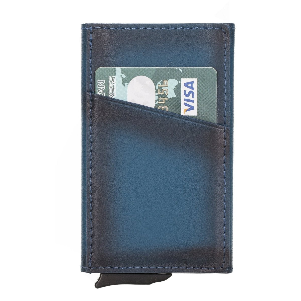 Bayelon Leather Mechanical Pop Up Card Holder With RFID #color_ Burnt Blue