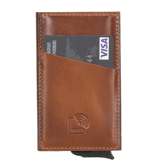 Bayelon Leather Mechanical Pop Up Card Holder With RFID #color_ Rustic Tan