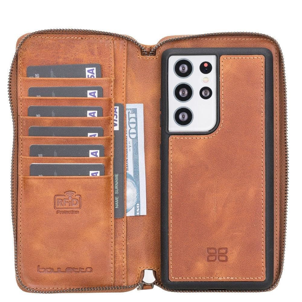 Bouletta Pouch Magic Wallet Samsung Galaxy S21 Series Detachable and Zipper Leather Wallet Case - PMW S21 Ultra Golden Tan