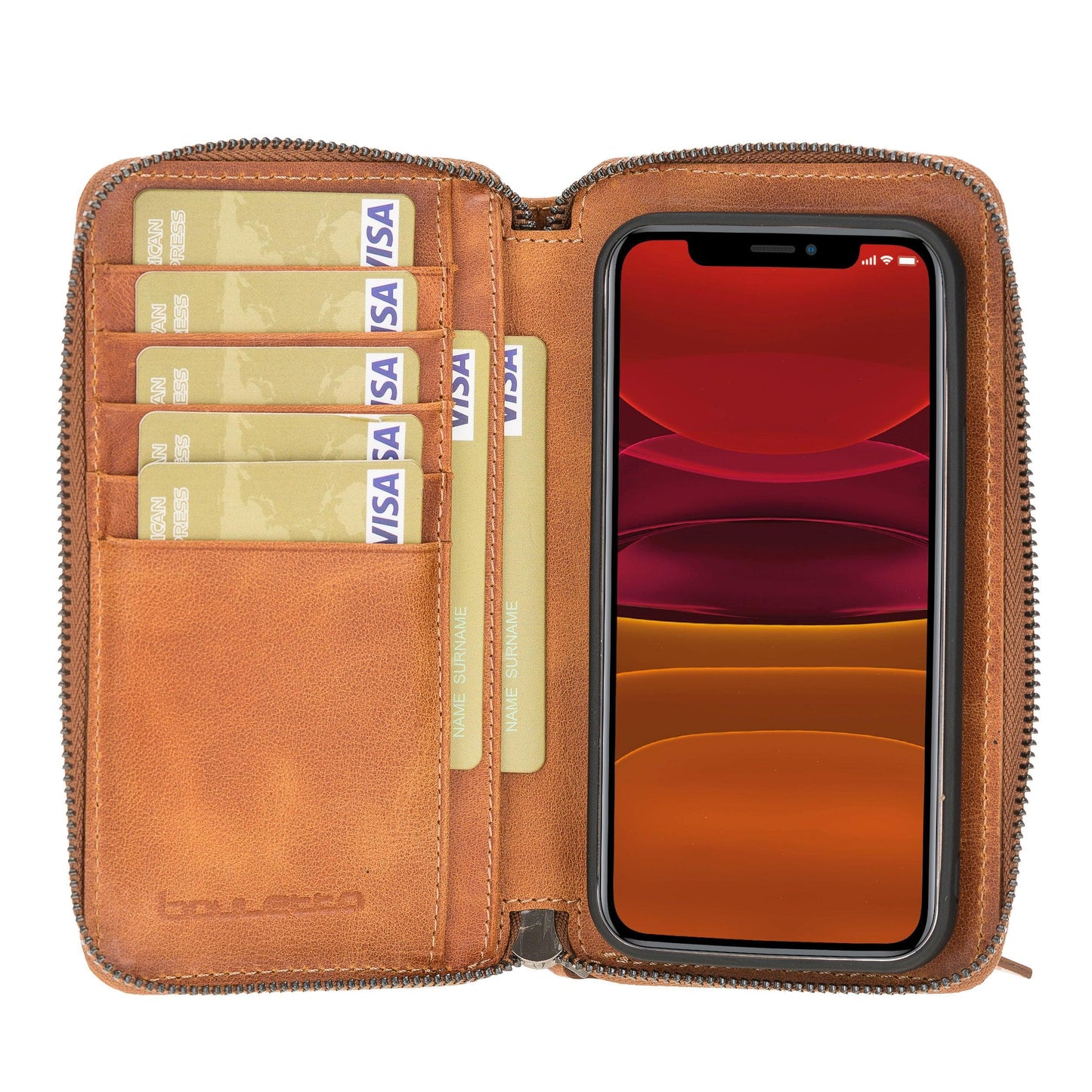 Bouletta Pouch Magic Wallet iPhone 12 Series Detachable and Zipper Leather Wallet Case - PMW I Phone 12 Mini Golden Tan