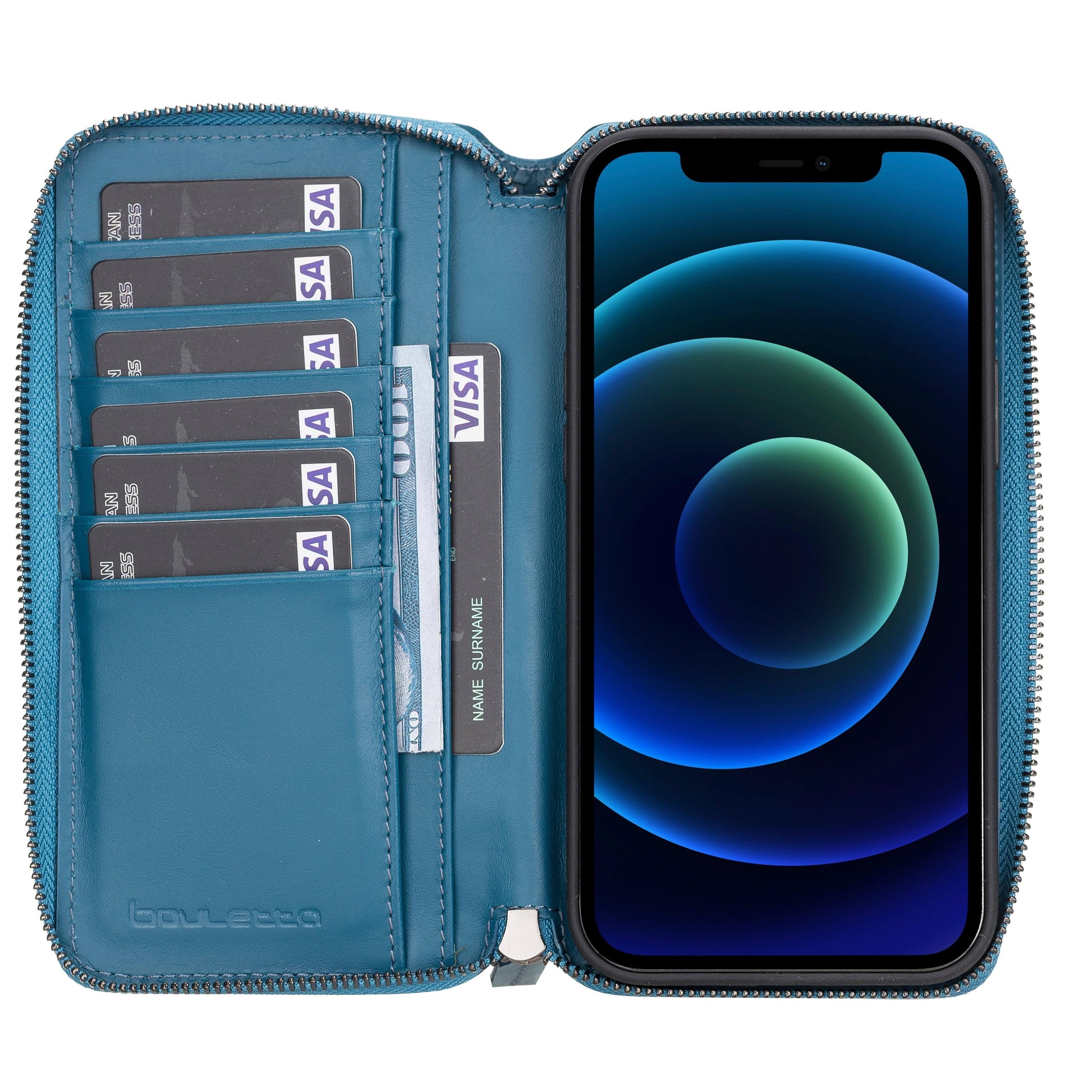 Bouletta Pouch Magic Wallet iPhone 12 Series Detachable and Zipper Leather Wallet Case - PMW I Phone 12 Pro Max Blue