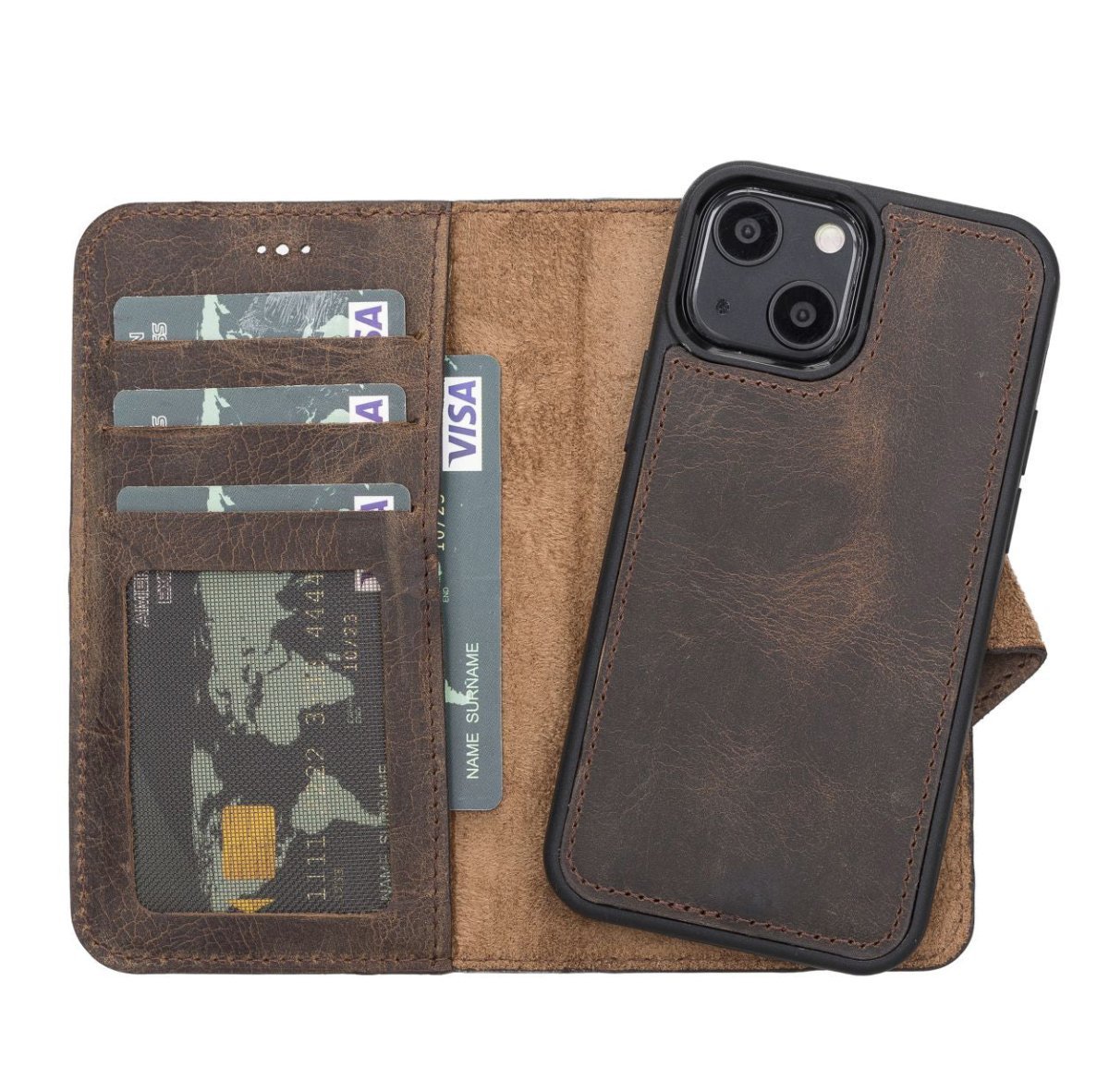 Bayelon Personalized iPhone 13 Mini Leather Detachable Wallet Case with Kickstand #color_ Dark Brown