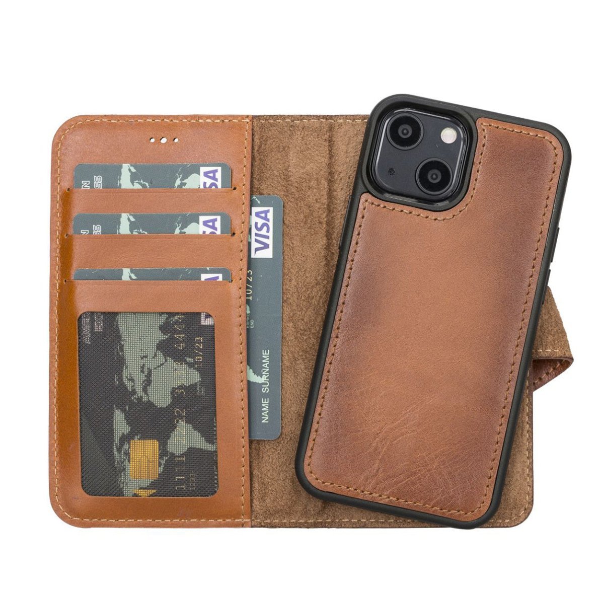 Bayelon Personalized iPhone 13 Mini Leather Detachable Wallet Case with Kickstand #color_ Rustic Tan