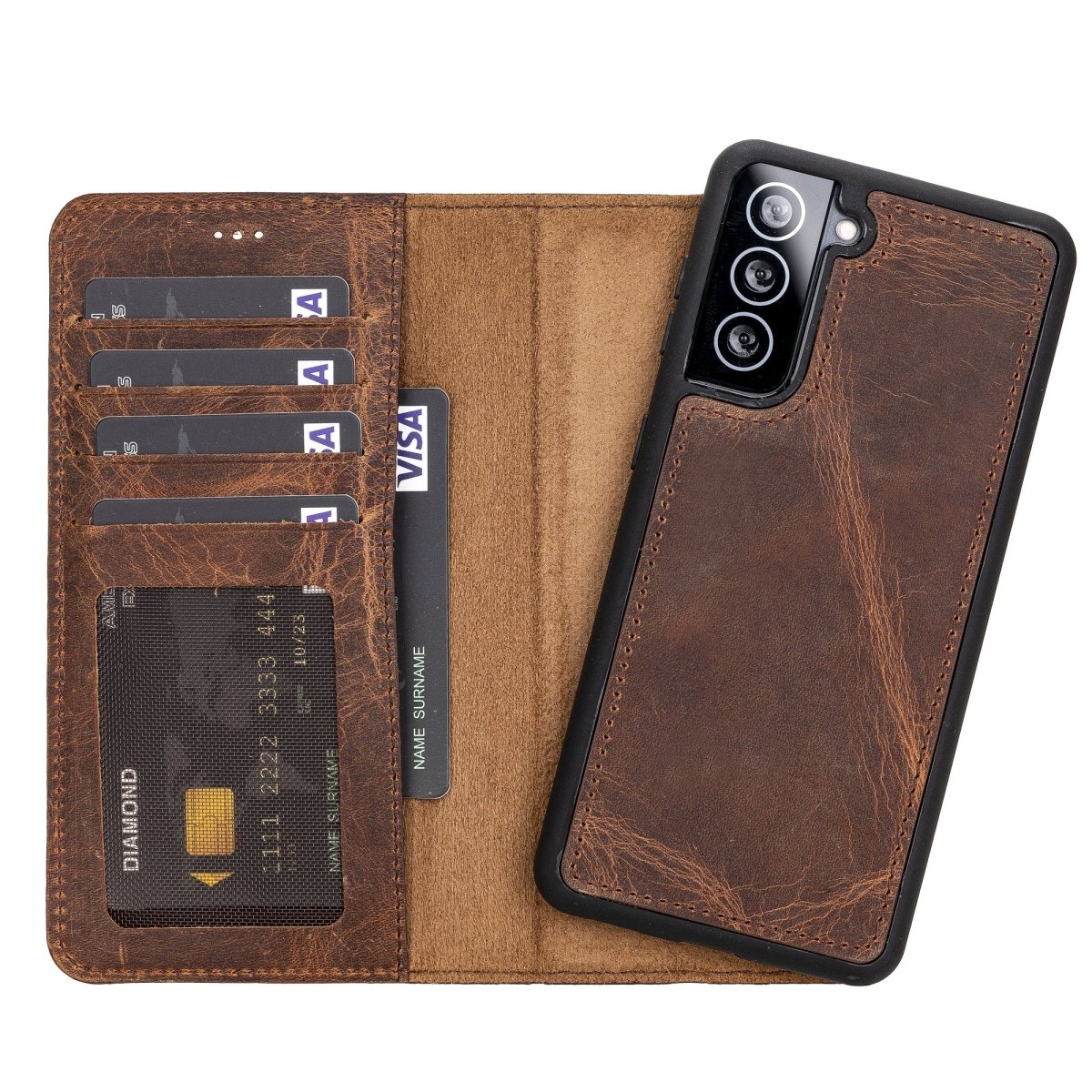 Bayelon Samsung Galaxy S21 Leather Detachable Wallet Case #color_ Antique Brown