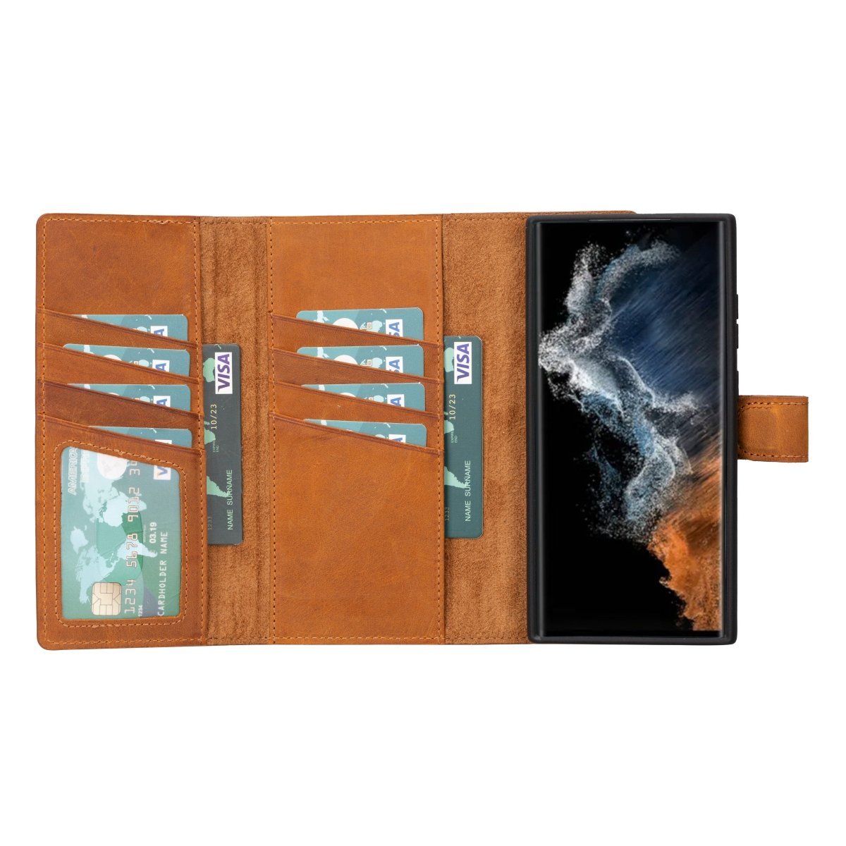 Bayelon Trifold Leather Wallet Case #color_ Samsung Galaxy S23 Ultra Antique Camel