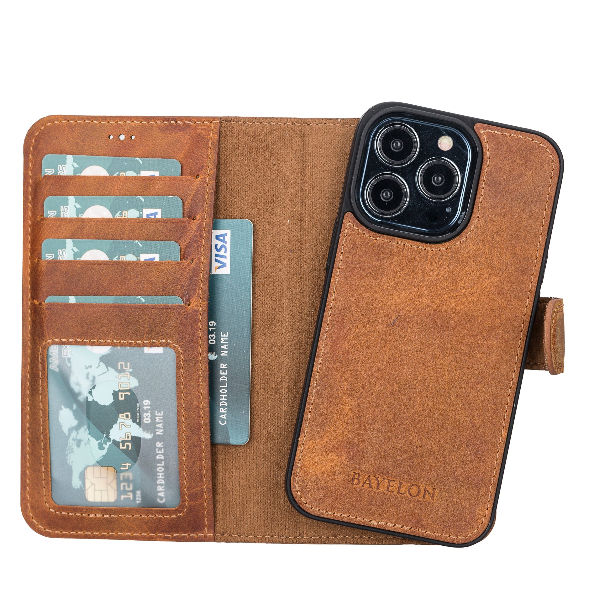 Bayelon iPhone 13 Pro Leather Wallet Case with Kickstand #color_ Camel-Dark Brown