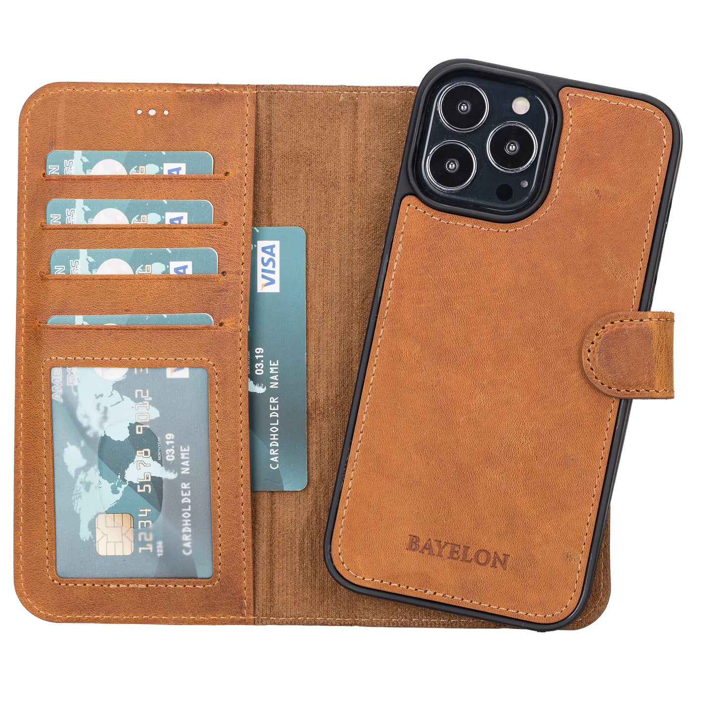 Bayelon iPhone 13 Pro Max Leather Detachable Wallet Case #color_ Camel-Dark Brown